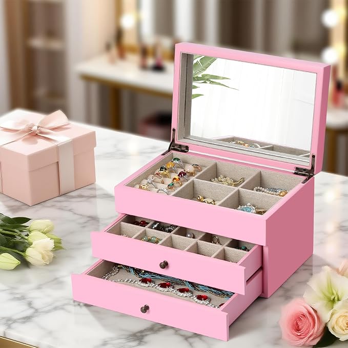Meangood Jewelry Box Organizer for Women, 3 Layer Large Jewelry Storage Case, Rustic Wooden Jewelry Box with Mirror & Ring Tray for Necklace Earring Bracelets Rings, Vintage Style (Pink)