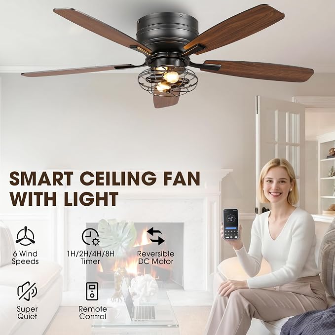 48" Flush Mount Farmhouse Ceiling Fans with Lights and Remote, 6-Speed Quiet Reversible Motor, Timing Function Low Profile Ceiling Fan for Bedroom Living Room Patio