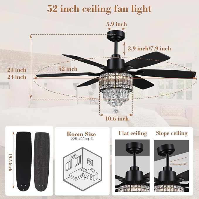 Kviflon 52 Inch Crystal Ceiling Fan with Lights, Black Fandelier Ceiling Fan with Light and Remote/APP Control, Modern Chandelier Ceiling Fan for Bedroom Living Room, Quiet DC Motor, Dimmable LED