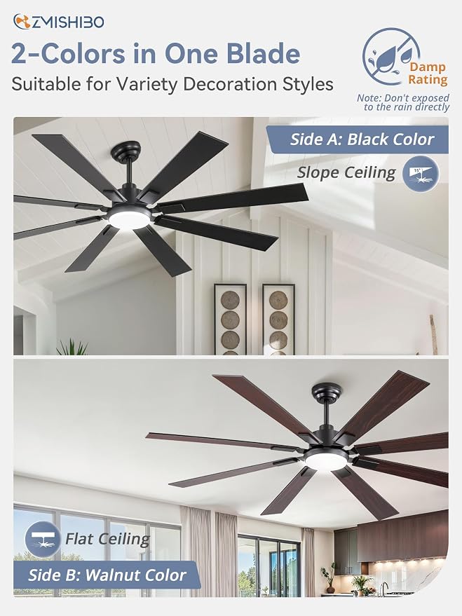 ZMISHIBO 65" Black Ceiling Fan with Dimmable 3000-6000K Light and Remote | 65 Inch Large Ceiling Fan, Quiet Reversible DC Motor, 6 Speeds, 8-Blades, Great for Living Room, Bedroom, Covered Patio