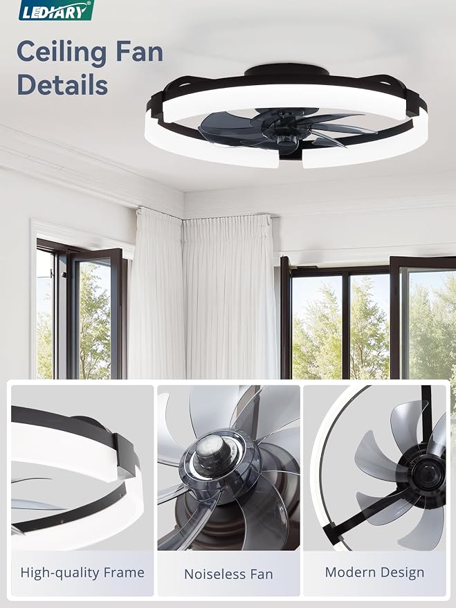 LEDIARY 2 Pack 20" Ceiling Fans with Lights and Remote, Low Profile Ceiling Fan, 3 CCT, Stepless Dimmable, Fandelier Flush Mount Fan Light, 6 Speeds, DC Motor, App & Remote Control for Bedroom(Black)