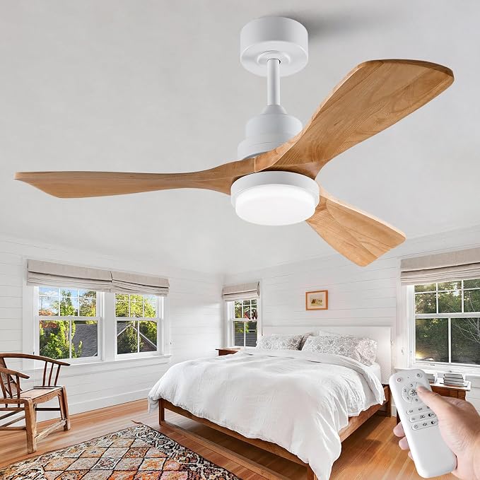 42 Inch White Ceiling Fans with Lights and Remote,Dimmable LED Light,Quite Reversible DC Motor,Memory Function,Modern Solid Wood Indoor Outdoor Ceiling Fan with Light for Farmhouse Bedroom Patio