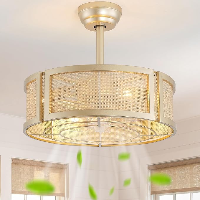 20" Boho Ceiling Fans with Lights, Rattan Fandelier Ceiling Fan with Light Remote Control with Caged 6 Speeds for Bedroom, Nursery, Living Room (Gold)