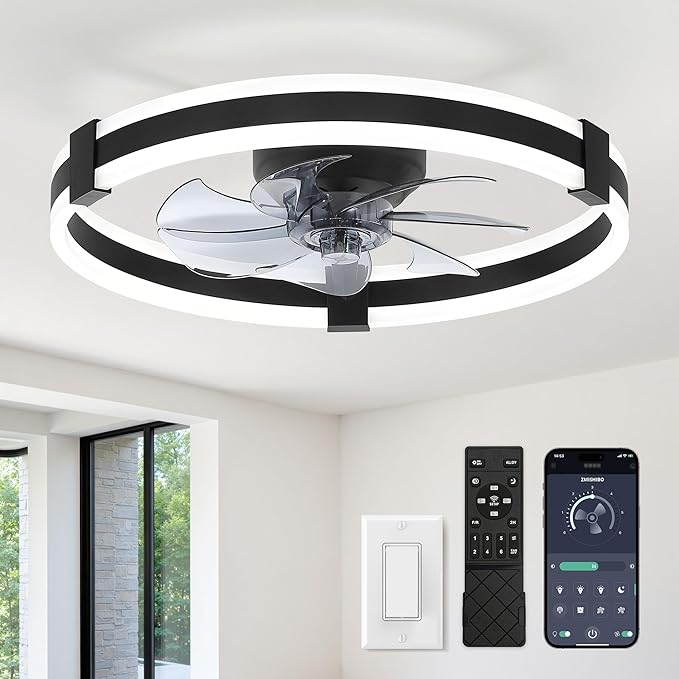 ZMISHIBO Ceiling Fans with Lights and Remote, 23 inch Low Profile Ceiling Fan with Light, 3000K-6000K Dimmable & 6 Wind Speeds, Modern Fandelier Flush Mount Ceiling Fan, Small LED Fan for Bedroom