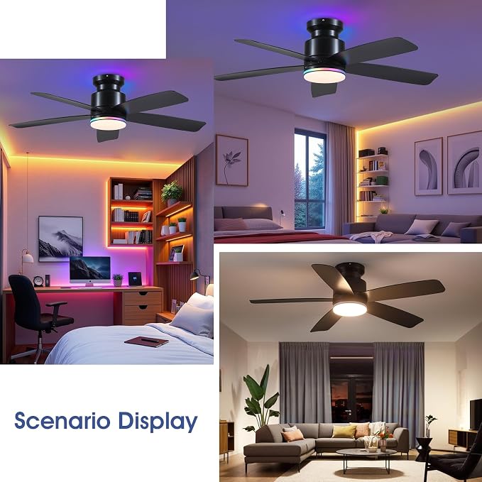 Wiviniya 46 Inch Black Flush Mount Ceiling Fans with Lights, 5 Blades Reversible, 6-Speed 2H Timer, RGB & 3 CCT Dimmable, Remote & APP Control for Bedroom Kidsroom