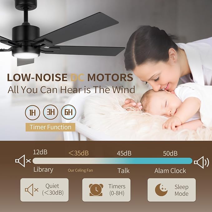 Ceiling Fan with Light for Bedroom: 52 Inch Modern Ceiling Fans with Dimmable Tri-Color Temperature LED - Quiet Reversible DC Motor - Indoor Outdoor Paito Sloped Roof Use (Matte Black)