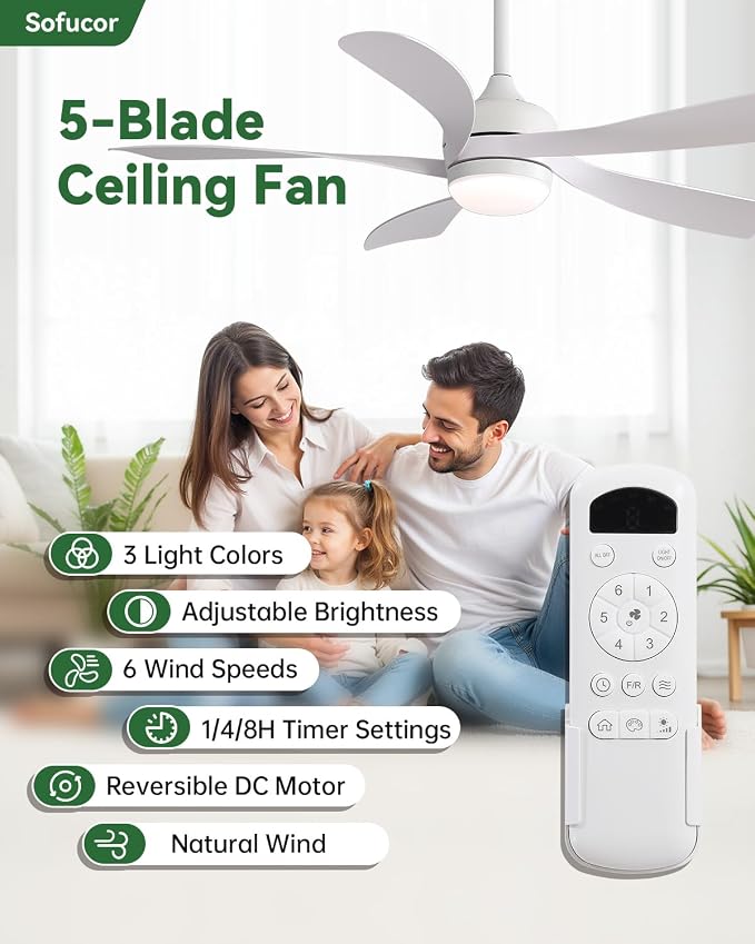 Sofucor 52 Inch Ceiling Fans with Lights and Remote, Outdoor Ceiling Fan with Light 6-Speed 3 CCT 3-Timer, White Low Profile Ceiling Fan 5 Blade Reversible DC Motor for Living Room Bedroom Patio