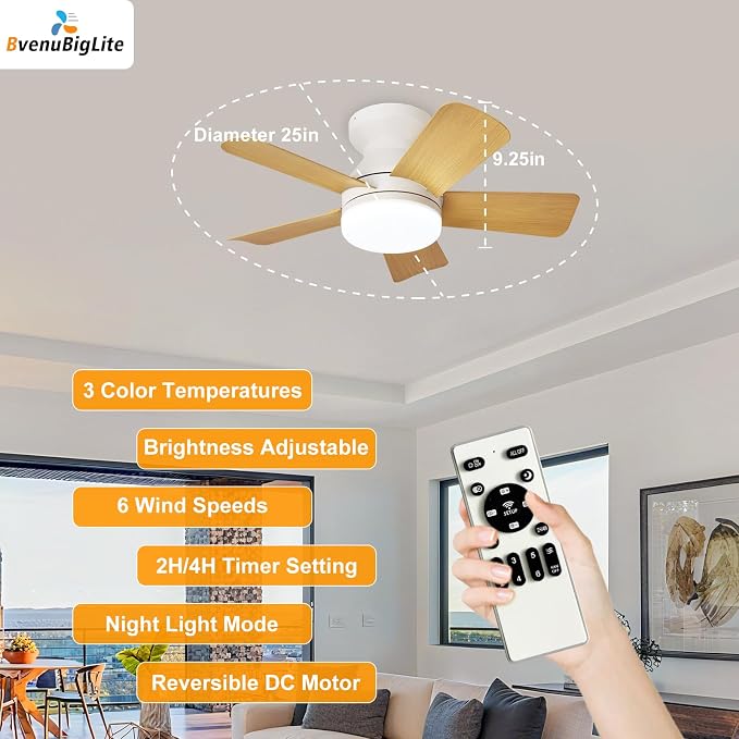 Ceiling fans with lights and Remote: 25 Inch Ceiling Fan with Light Low Profile - Flush Mount Ceiling Fan 5 Blades Reversible 3CCT Dimmable Noiseless for Bedroom (White& Wood Grain)