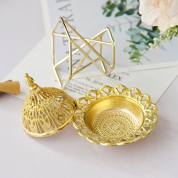 Topyond Arabic Incense Burner, Golden Metal Incense Holder, Vintage Backflow Incense Holders, Exquisite Lotus Flower Design, for Worship and Home Decor