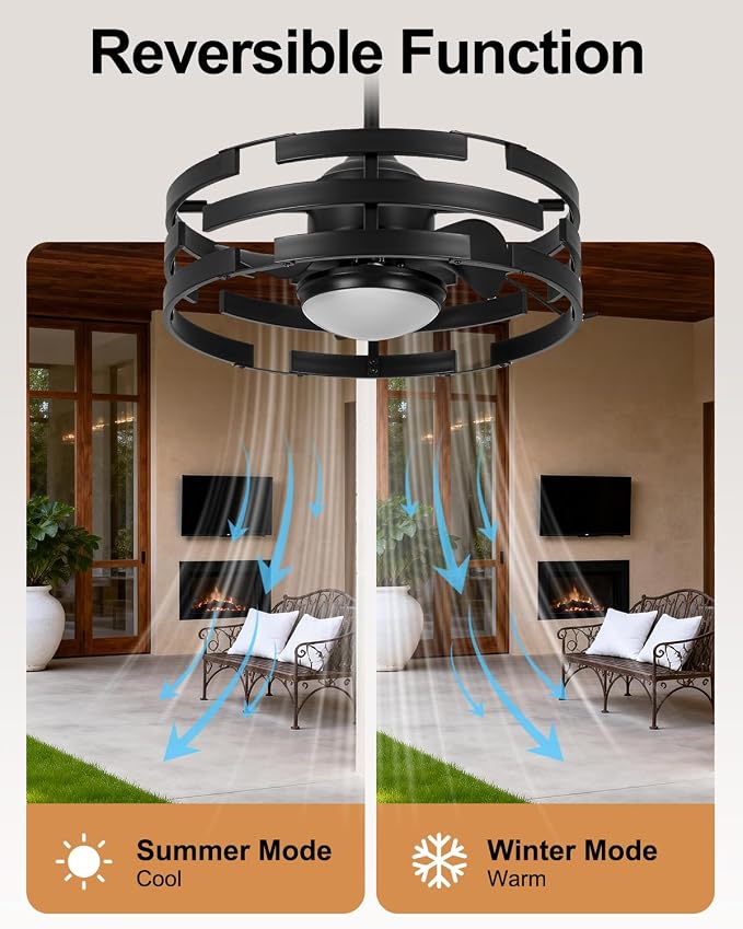 Roomratv 20" Outdoor Ceiling Fan with Light, Black Caged Ceiling Fan with Remote,Modern Enclosed Hanging Fan,IP65 Waterproof Plug in Fan for Gazebos, Patios and Porches