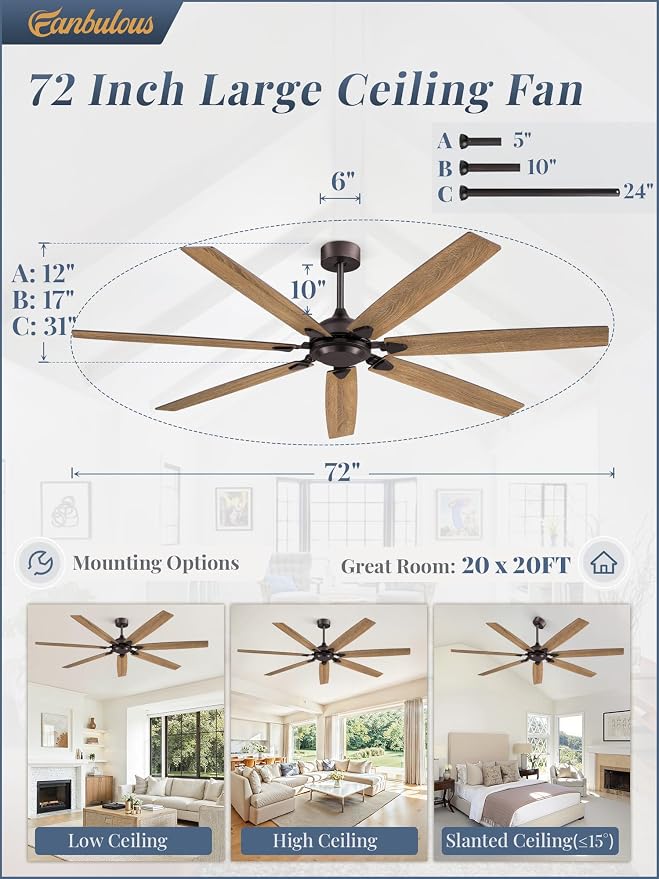 72 Inch Ceiling Fan No Light with Remote Control, Brown Ceiling Fans Without Light With 6-Speeds Quiet Reversible DC Motor, Indoor/Outdoor Ceiling Fan with Dual Finish 7 Blades for Patio Living Room