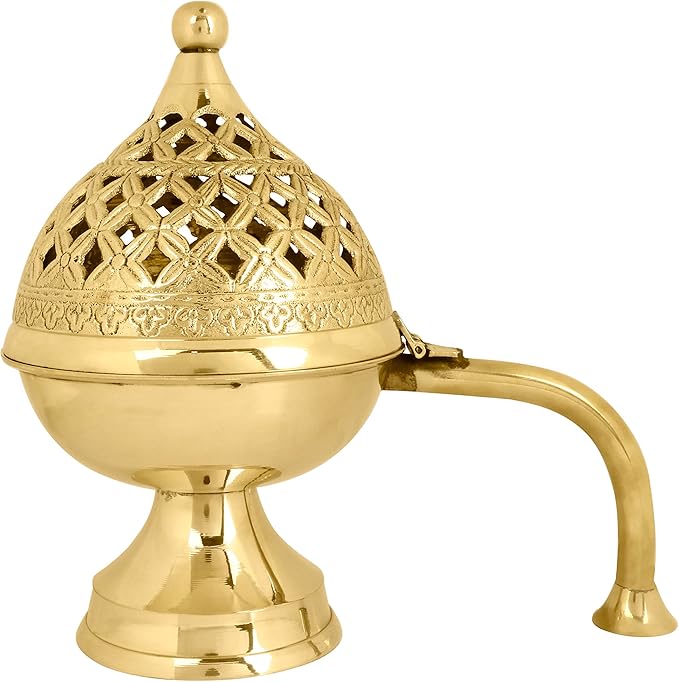 SATVIK 1 Pc Pure Brass Antique Incense Holder Large Dhuni Burner with Long Brass Handle Handheld Puja Dhuna Agarbatti Dhoop Pot Dhuni Stand Indian Diwali Festive Housewarming Return Gift Items Bulk