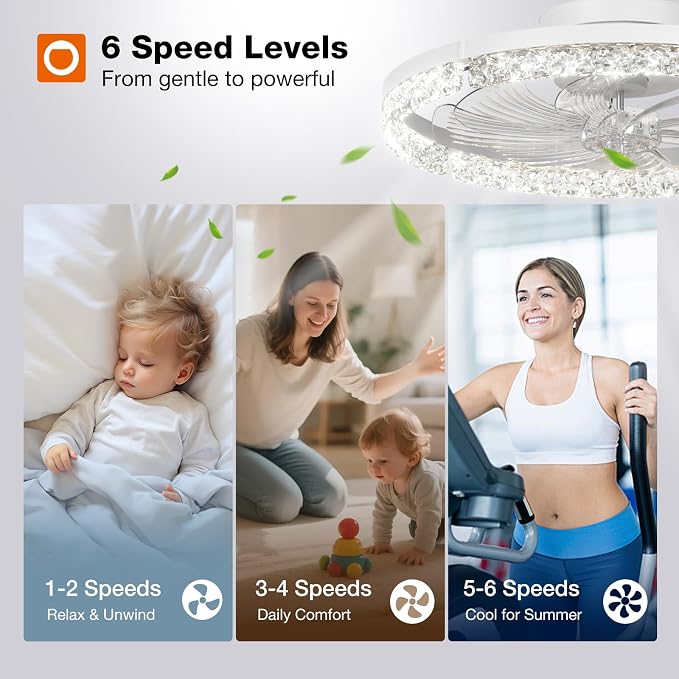addlon Ceiling Fans with Lights and Remote, 20'' Low Profile Flush Mount Ceiling Fan, 3000–6000K Dimmable LED Fandelier, Bladeless Crystal Fan Light for Bedroom, Kitchen, Living Room, White