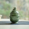 Zen-Style Incense Burner (Celadon), Ceramic Incense Holder Featuring a Lion Sculpture, Adorned with Cloud Patterns and a Buddha Light Decoration, Elegant Chinese Incense Burner for Home Décor (Green)
