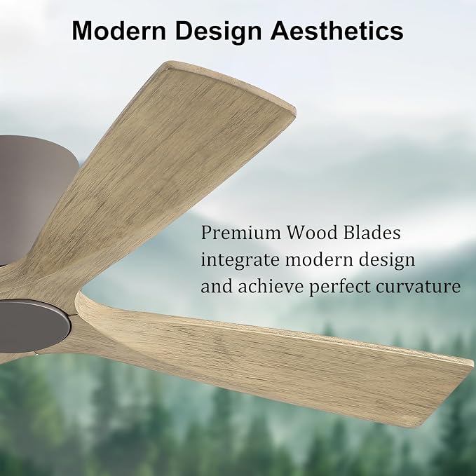 WINGBO 54 Inch Ceiling Fan Without Light, Solid Wood Flush Mount Ceiling Fan with Remote Control, Reversible Quiet DC Motor, 4 Blades,6-Speed, for Bedroom & Living Room, Graphite Finish +Gray Blade