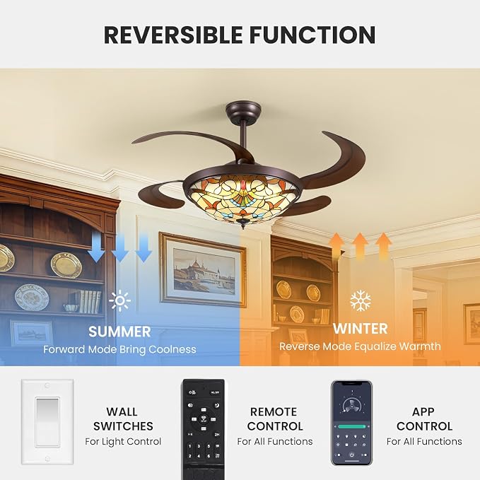 48inch Retractable Ceiling Fan Tiffany Style Chandelier Light Fixtures Ceiling with Remote & Dimmable, 6-Speed, Reversible Vintage Fandelier for Bedroom Living Room Dining Room Kitchen