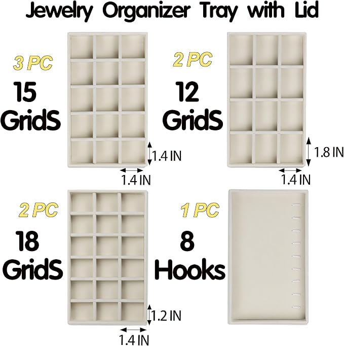Set of 8 Stackable Jewelry Organizer Trays with 1 Lid for Drawer & Dresser Organizer, Adjustable Velvet Jewelry Box Tray Earring Organizer Necklace Storage Ring Bracelet Display Case (Beige)
