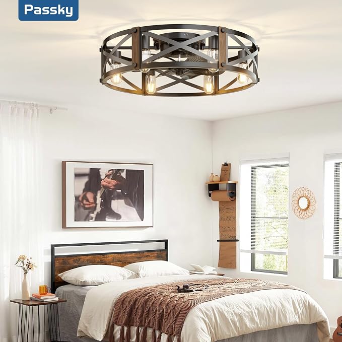 Passky 24" Farmhouse Flush Mount Ceiling Fans with Lights and Remote, Industrial Black Caged Low Profile Fandelier, 6 Speeds Bladeless Ceiling Fan for Bedroom, Kitchen, Living Room
