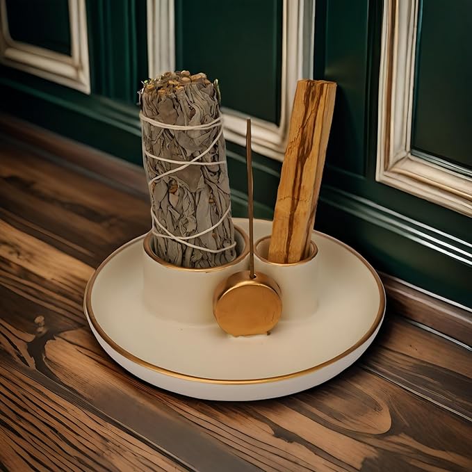 4 in 1 Incense Holder, Ceramic Incense Stick and Palo Santo Holder,Sage Holder for Burning- 4.25" Ceramic Ash Catcher Tray for Meditation and Yoga Room (White Golden)
