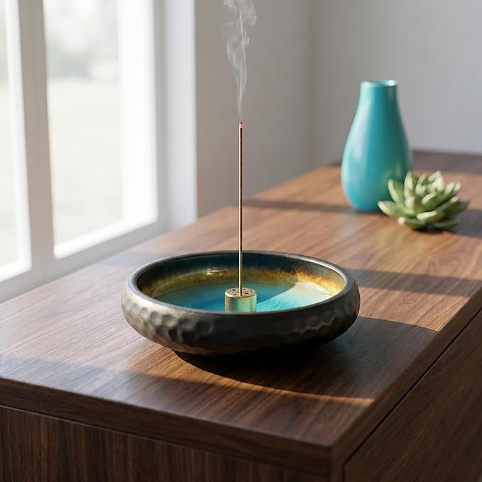 Incense Holder for Sticks,6 Inch Crack Blue Handmade Incense Stick Burner Bowl Ceramic,Cone Incense Holder,Ash Catcher for Meditation,Yoga,Home Décor