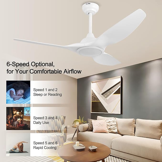 52 Inch 3 Blade Modern White Ceiling Fan with Light Remote Control | Quiet DC Motor, High CFM 6 Speed, Dimmable 3 Color LED,Indoor Ceiling Fan for Bedroom Living Room Porch