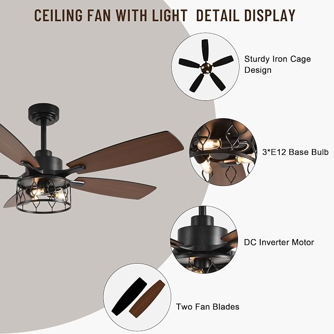 52'' Rustic Caged Ceiling Fan with Light and Remote Control | Reversible Quiet DC Motor,6 Speed,Timer Dual-Sided Wood Blades,Farmhouse Ceiling Fan for Living Room,Dining Room,Bedroom