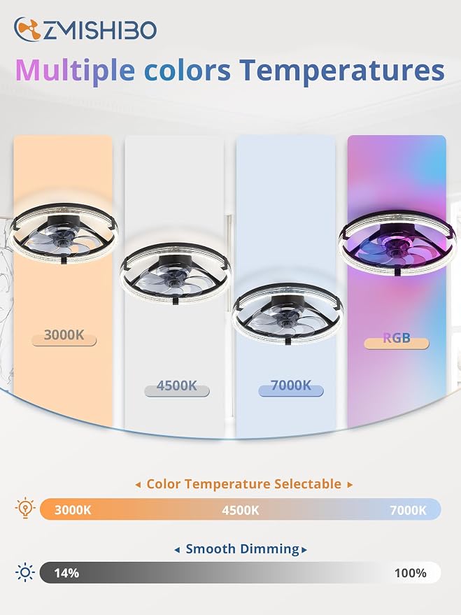 ZMISHIBO RGB Ceiling Fan with Light, 20'' Low Profile Ceiling Fans | Flush Mount Modern Ceiling Fan and Remote Control, 3000K-7000K Dimmable & RGB, Modern Fandelier for Bedroom, Living Room