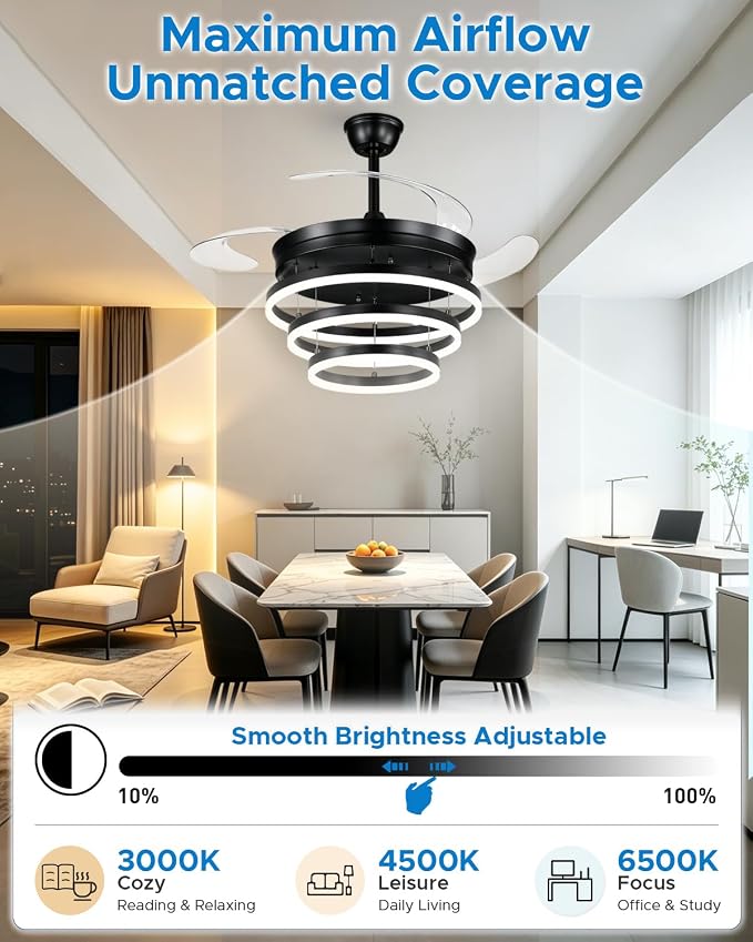 Retractable Ceiling Fans with Lights, 48" Fandelier Ceiling Fan with Light and Remote, Reversible, 3 CCT, Dimmable, Modern Chandelier Ceiling Fan for Bedroom, Living Room, Dining Room (Black)