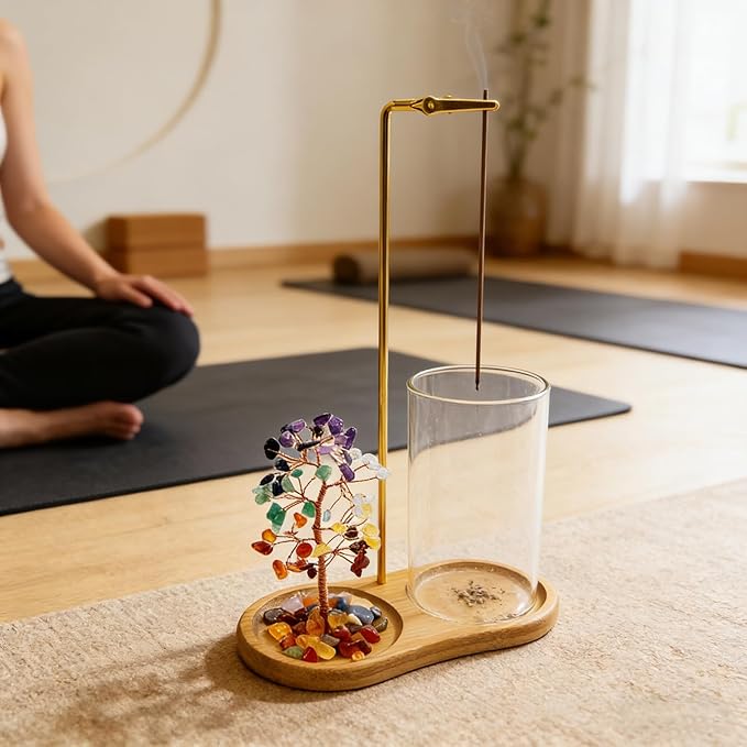 Upside-Down Hanging Incense Stick Holder with 7 Chakra Crystal Tree Design, Glass Ash Catcher & Wooden Base - Aromatherapy Accessory for Meditation, Yoga & Home Decor