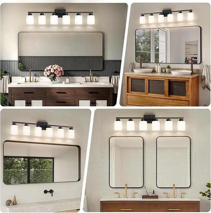 FonmYim Black Bathroom Light Fixtures, 6-Light Modern Vanity Light Over Mirror, Wall Sconces with Milky White Frosted Glass Shades, E26 Socket (Bulbs Not Included)