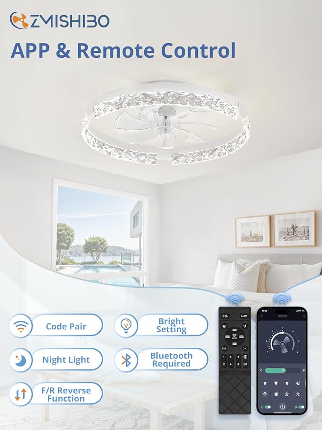 ZMISHIBO 19.7" Ceiling Fans with Lights, Low Profile Ceiling Fan and Remote, Flush Mount Ceiling Fans, Stepless Dimmable LED Light, White Fixtures for Bedroom, Living Room