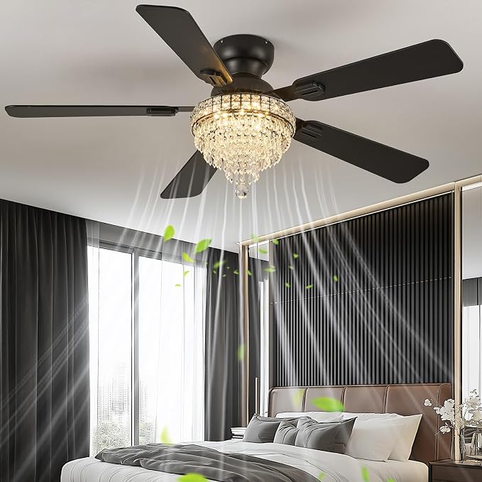 52“ Crystal Ceiling Fans with RGB Lights, Remote/App Control, Modern Fandelier Flush Mount, Reversible DC Motor, Dimmable, Noiseless Ceiling Fan for Bedroom, Living Room (Black)