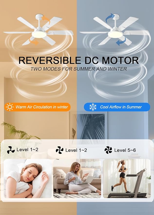 JSAITEE 52 Inch Low Profile Ceiling Fan with Lights, Remote & APP Control, 3CCT Dimmable, 6 Blades 6 Speed Ceiling Fans, Quiet Reversible DC Motor, Modern White Ceiling Fan for Bedroom Living Room