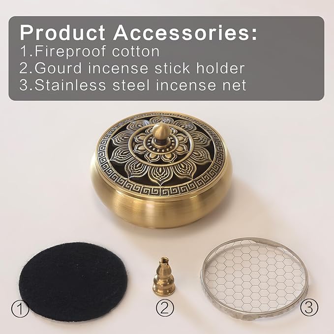 Brass Incense Burner Bowl, Vintage Incense Tray, Lotus Incense Holder for Cone, Coil and Stick Incense, Zen Meditation Yoga Spa, Healing Relaxing Oriental Censer Gift Set for Home Indoor Decor