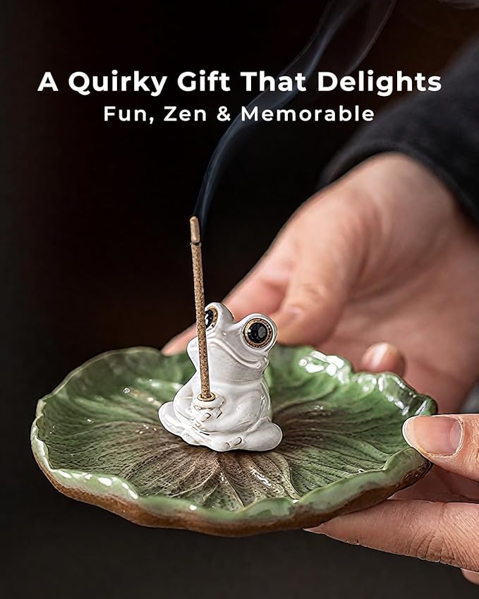 Ceramic Incense Stick Holder - Cute Frog Incense Burner with Lotus Leaf Tray Ash Catcher, Handcrafted Zen Decor for Home, Meditation, Yoga, Gift