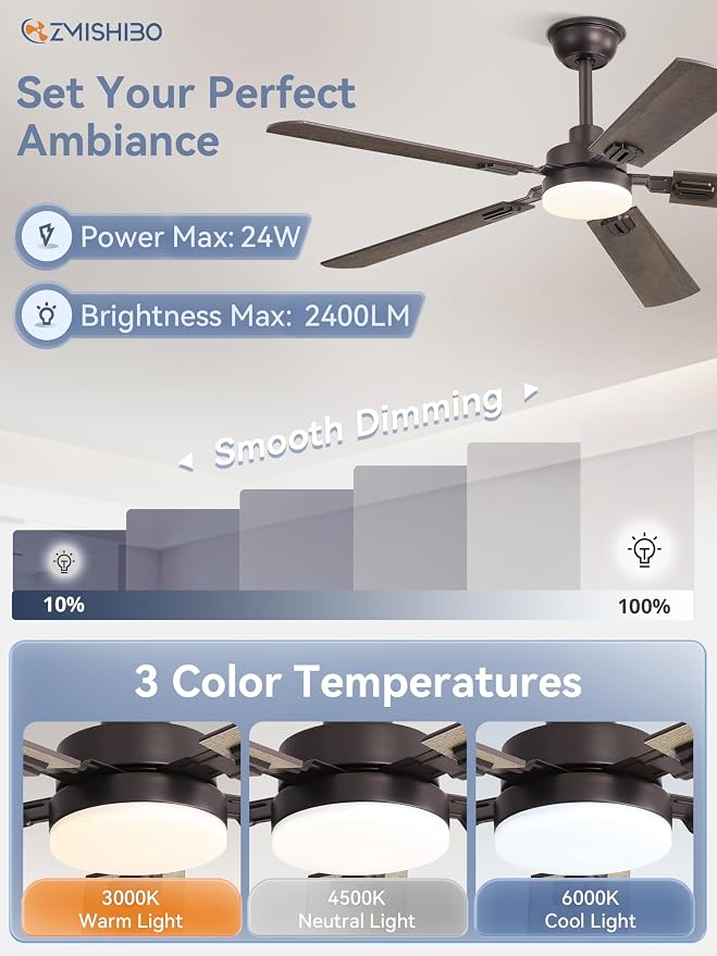ZMISHIBO 52" Ceiling Fans with Lights, Oil Bronze Farmhouse Ceiling Fan with Remote & App Control, Rustic Indoor Fan with Dual Finish Blades, Quiet & Strong Motor, 24W Dimmable Bright LED Light.