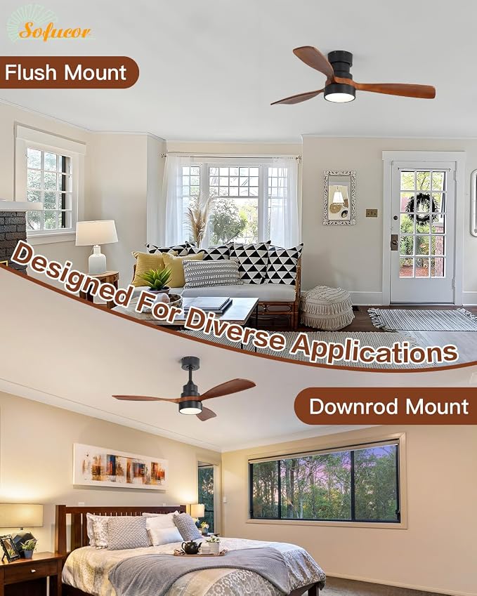 Sofucor 48 Inch Smart Ceiling Fans with Lights-Flush Mount & Downrod Mount Modern Outdoor Ceiling Fans with Alexa/Google Assistant/APP/Remote Control for Bedroom/Farmhouse/Patio, Black & Walnut