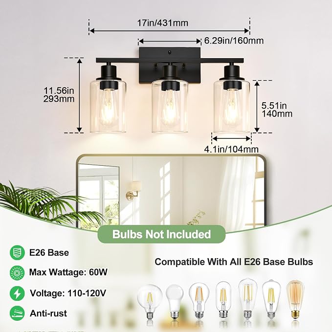 Indoi 3-Light Bathroom Light Fixtures, Matte Black Modern Vanity Lights with Clear Glass Shades, Bathroom Wall Lamp for Mirror Living Room Cabinet Bedroom Porch