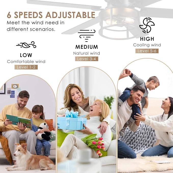Hounberi 52" Caged Ceiling Fan with Lights and Remote, 6-Speed Quiet DC Motor & E26 Base, 6 Reversible Blades for Black & Wood, Modern Rustic Low Profile Ceiling Fans for Bedroom & Living Room
