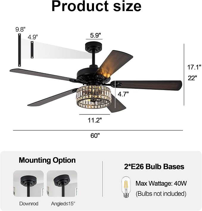 60" Crystal Ceiling Fan with Lights and Remote, Rustic Chandelier | Farmhouse Fandelier Ceiling Fan, Crystal Caged Chandelier for Living Room Indoor Cover Porch, Reversible DC Motor 6 Speeds