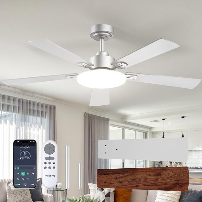Passky Ceiling Fans with Lights, 52 inch Sleek Ceiling Fan with Light and Remote Control, 3CCT, Dimmable, Reversible, Noiseless, Silver Ceiling Fan for Bedroom, Living Room
