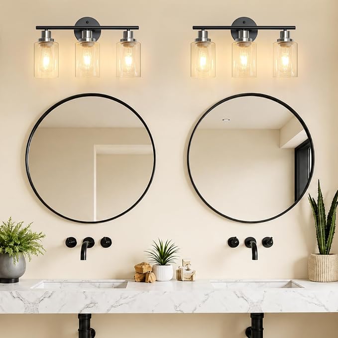 Unicozin Modern Bathroom Light Fixtures, 3 Light Vanity Lights, Black and Brushed Nickel Wall Lamp with Clear Glass for Bathroom, Mirror, Living Room, Bedroom, Hallway, E26 Base