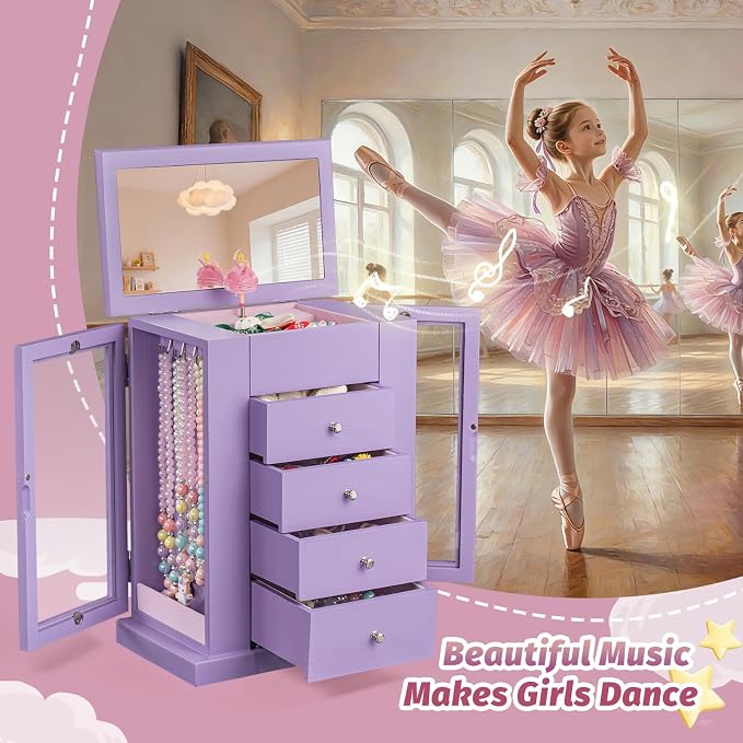 Emfogo Jewelry Box for Girls, Musical Jewelry Box with Spinning Dancer Gifts for Little Girls Christmas New Year Birthday Children's Day, 5 Layer Large Wooden Kids Music Jewelry Organizer Box(Purple)