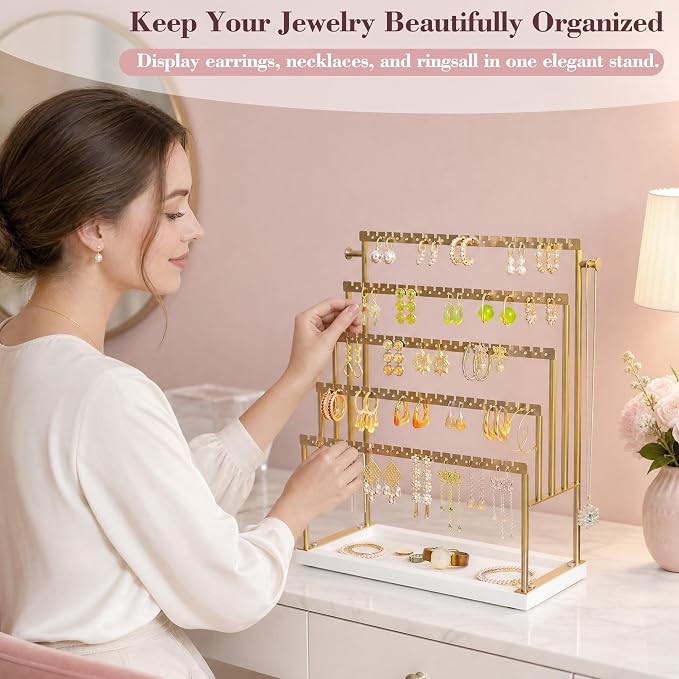 Large 5 Tier Earring Organizer and Holder, Gold | 100+ pair earring display, jewelry organizer stand, elegant gold finish, perfect for vanity décor and boutique displays