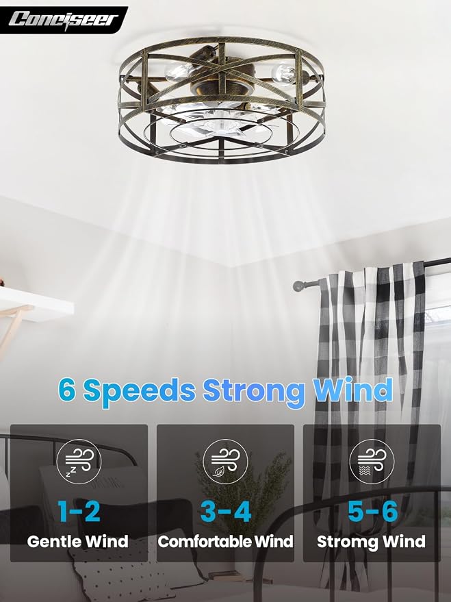 Conciseer 20 Inch Caged Ceiling Fans with Lights and Remote, Flush Mount, Low Profile 7 Blades 6 Speed Reversible Quiet DC Motor for Bedroom, Kitchen and Living Room, Black/Gold Brushed