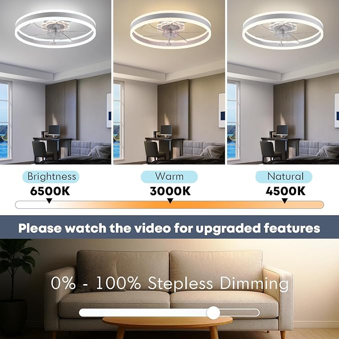 FSZDORJ 24'' Ceiling Fan with Light and Remote, Low Profile Ceiling Fan with Light, Dimmable Flush Mount Ceiling Fan Light, 6 Speeds Fan, App&Remote Control, Fandelier Quiet Fan for Bedroom F105 White