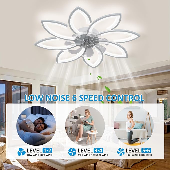 35" Ceiling Fans With Lights and Remote, Low Profile Flush Mount | Ceiling Fan With Light Modern Dimmable 3 colors 6 Speed Quiet Reversible Motor, Timing for Bedroom Living Room Kitchen White