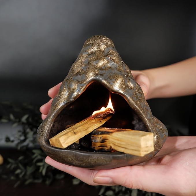 MOUGIGI Black Gold Palo Santo Incense Burner-Unique Zongzi-Shaped Clay Smudge Bowl for Sage,Copal, and Stick Incense-Mini Chiminea for Zen Meditation,Yoga,Altar,Aromatherapy & Energy Cleansing Decor
