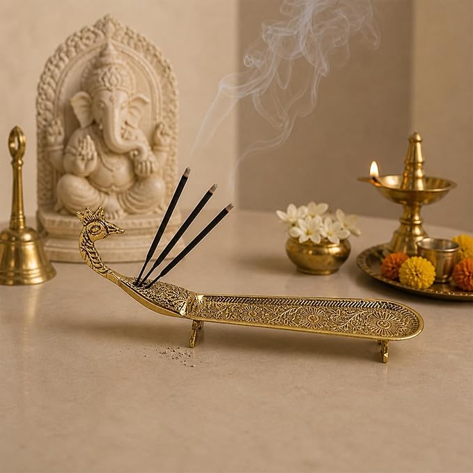 Putrika Brass Incense Stick Holder | Agarbatti Burner with Ash Catcher | Dhoop Batti Stand for Puja | Pooja Use – Peacock Engraved Design [24cm, 170g]