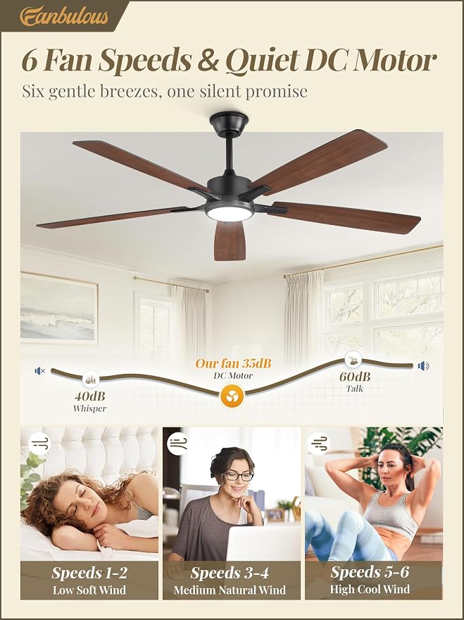 Fanbulous 60 Inch Ceiling Fans with Lights and Remote, Stepless Color Temperature Change & Dimmable 20W LED Ceiling Fan, 6 Speeds Reversible Quiet DC Motor for Bedroom, Living Room, Apartment,Black